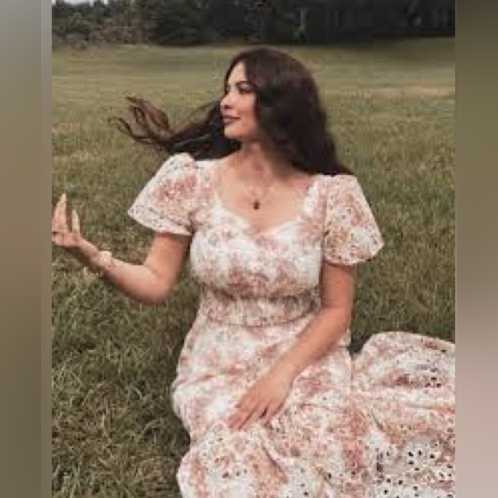 Floral Eyelet Puffed Sleeve Maxi Dress